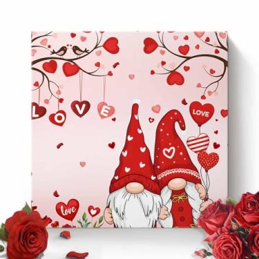 Imagem de Arte de parede em tela emoldurada dia dos namorados para sala de estar pássaro gnomo decoração de parede, rosas vermelhas amor ramo coração pinturas estéticas para quarto escritório cozinha, pronto