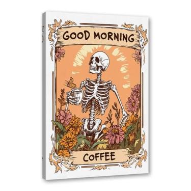 Imagem de Pôster vintage esqueleto manhã café engraçado caveira café arte de parede esqueleto gótico beber café arte para decoração de bar cozinha (SKU1,20.3x30.5 cm = (20x30 cm), emoldurado (tela embrulhada))
