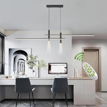 Imagem de Luminária pendente moderna LED preta com controle remoto, lustre de 45W dimerizável para sala de jantar com função de foco, luminária suspensa de metal linear para teto, ideal para mesa de c