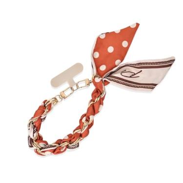 Imagem de Fycyko Alça de pulso para telefone com lenço de metal dourado e aba universal, corrente de fita de design de impressão estética, acessórios multiuso para chave de bolsa celular para homens mulheres