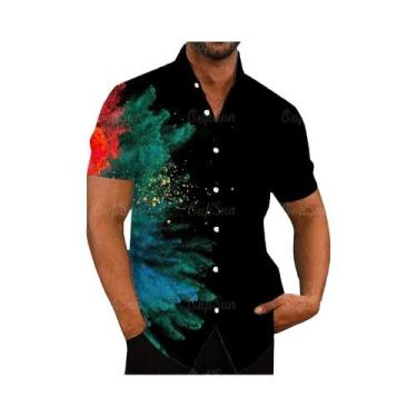 Imagem de Camisa Casual Vintage Havaiana Masculina Com Estampa Floral Arco-Íris 