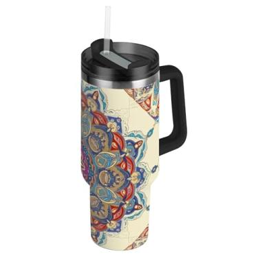 Imagem de Joisal Copos florais mandala coloridos com tampa e canudo copo moderno com alça 850 g garrafas de água isoladas carros de aço inoxidável xícara de café bebida quente