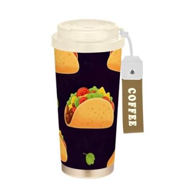 Imagem de TSENQUE Copo de café de 473 ml com tampa de canudo e filp, copo de café de aço inoxidável isolado a vácuo à prova de vazamento, desenho animado Tacos preto