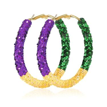 Imagem de Brincos de argola Mardi Gras para mulheres, leves, roxos, amarelos, verdes, glitter, para carnaval, dia de São Patrício, joias, presentes para acessórios de festa, one size, Acrílico, Sem pedra
