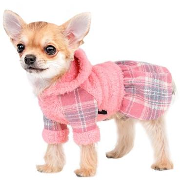 Imagem de Vestido de inverno para cães, suéter com capuz fofo de lã quente, para cães pequenos, meninas, vestidos de cachorrinho xadrez rosa para chihuahua Yorkie, vestuário de gato (rosa, 2GG)