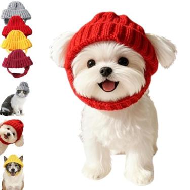 Imagem de Gorro de malha vermelha para cães com abas de orelha – Chapéu quente de inverno para animais de estimação com orifícios para orelhas, elástico macio para cães e gatos pequenos (vermelho, tamanho único