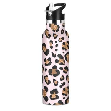 Imagem de Garrafa de água de aço inoxidável para meninos de 590 ml com tampa de palha, manchas de leopardo preto caramelo rosa macio garrafa de água isolada para escola com alça, copos de viagem sem BPA para