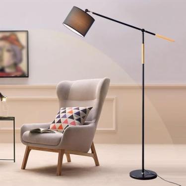 Imagem de Luminária de chão minimalista nórdica, preta, em tecido cilíndrico, ajustável, vertical, decorativa, para ambientes internos, ideal para leitura em cantos de salas de estar, com interruptor