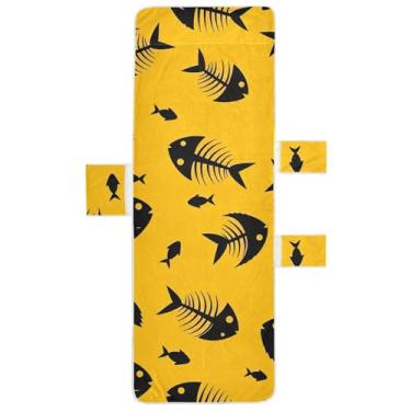 Imagem de Esqueletos de peixe preto amarelo capa de toalha de cadeira de praia toalhas de cadeira de praia com bolso superior ajustado espreguiçadeira de verão 216 x 76 cm