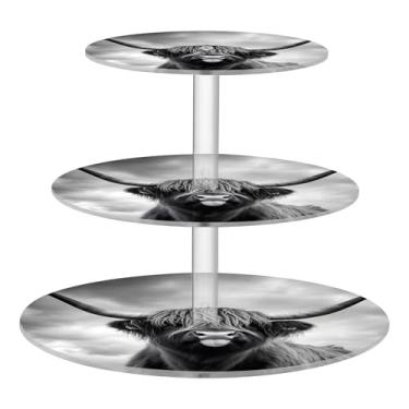 Imagem de Mystic Highland Cow Suporte de cupcake monocromático de 3 níveis para festa, exibição de acrílico, torre de cupcake, mesa, suporte de sobremesa, decoração de festa de chá, organizador de casamento