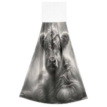 Imagem de Joitme Toalhas de mão de cozinha cinza de vaca Highland com laço para pendurar toalhas de chá de forno absorventes macias e fofas toalhas de mão de cozinha conjunto de 2, 45 x 35 cm