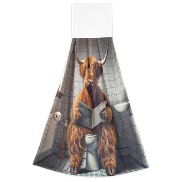 Imagem de Joitme Toalhas de mão de primavera com laço para pendurar, toalhas de gravata de vaca Highland engraçadas conjunto de 2, toalhas decorativas de cozinha fofas e absorventes macias, 45 x 35 cm