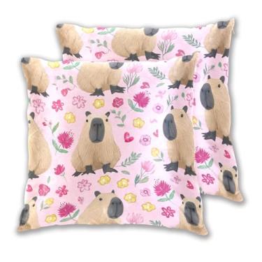 Imagem de Joitme Conjunto de 2 capas de almofada fofas flores de capivaras rosa, capas de almofada fofas para sofá-cama, almofadas de sala de estar, 40,6 x 40,6 cm, 2 peças