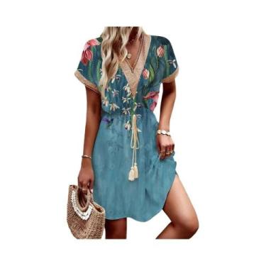 Imagem de Vestido Curto De Manga Morcego Com Estampa Primavera Verão Decote Em V