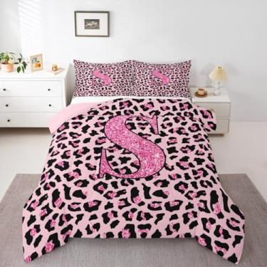 Imagem de jejeloiu Conjunto de edredom solteiro com estampa de leopardo, alfabeto personalizado, para crianças, meninos, meninas, safári, guepardo, estampa de pele de animal, rosa, letra P, 2 peças com 1 fronha