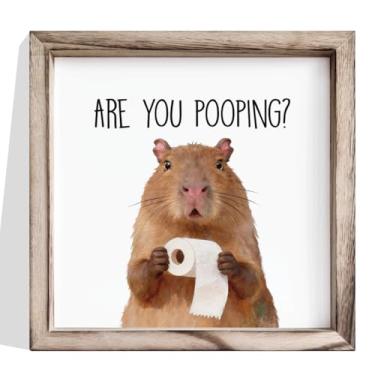 Imagem de Decoração de parede de banheiro, placa engraçada de hamster com papel higiênico, ilustração de animal fofo, imagem emoldurada de madeira para pendurar no banheiro ou vaso sanitário, decoração de casa