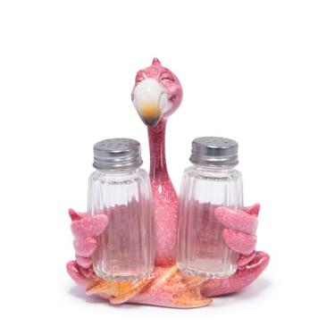 Imagem de Hodao Estatuetas de flamingo com saleiro e pimenta, conjunto de flamingo com suporte, estatuetas para bar de praia de verão e decoração de cozinha tropical, decorações de mesa para presentes de casa