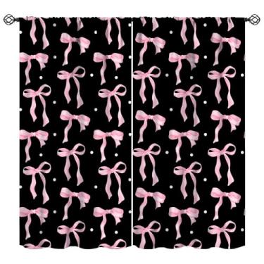Imagem de Cortinas com laço rosa preto coquete bonito impressão de arte moderna meninas adolescentes quarto sala de estar varão bolso decoração cortinas de janela 2 painéis L 53 x C 113 cm