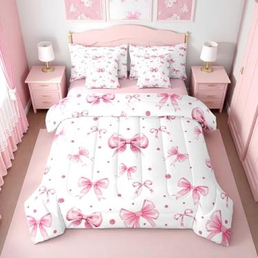 Imagem de Erosebridal Jogo de cama queen com laço rosa fofo, 7 peças para meninas | Jogo de edredom com laço rosa coquete rosa com lençol de cima, lençol de cima com elástico e gravata borboleta