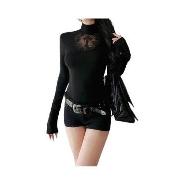 Imagem de Camiseta Gótica Preta De Manga Longa Com Gola Alta Para Mulheres, Top 