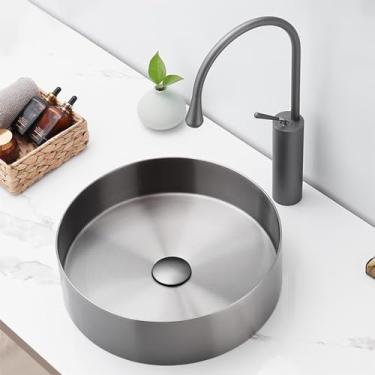 Imagem de Pia de vaso redonda, pia de banheiro, tigela de banheiro acima do balcão, lavatório de arte de bancada para banheiro, material de aço inoxidável, para casa, hotel, decoração de escritório (cinza)