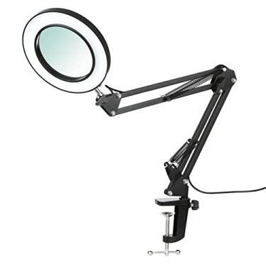 Imagem de Lâmpada de Mesa Flexível com Braço Pivô e Lupa 8x Luz LEDs Reguláveis 3 Modos Cor 10 Níveis Brilho para Leitura Trabalho Estudo Protectora os Olhos Al