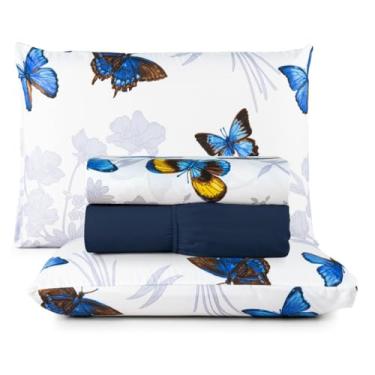 Imagem de Jogo de Cama Casal 4 Peças Micropercal 200 Fios Toque Aveludado com Elástico e Fronhas(Butterfly,Casal)