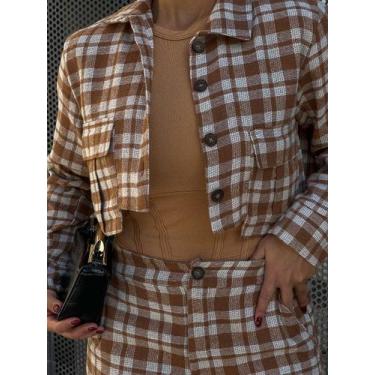 Imagem de Cropped Xadrez c/ Botão Estilo Casaquinho - Sawary Jeans, G, Caramelo