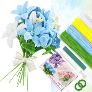 Imagem de Conjunto de 400 peças de limpeza de cachimbo, 4 cores hastes de chenille artesanato criativo limpadores de cachimbo flores para buquês de artesanato DIY, decorações de férias (azul amarelo)