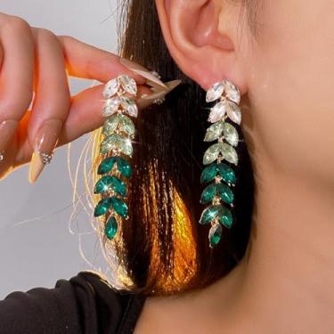 Imagem de Brincos de pingente de borla longa de cristal para mulheres gradiente cor strass folha gota brincos joia presente, One Size, Cobre, Sem pedra preciosa