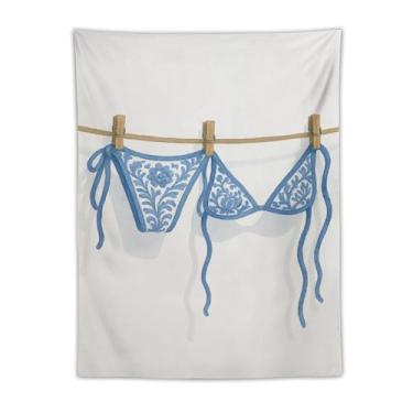 Imagem de Tapeçaria de lingerie branca azul com padrão floral prendedores de roupa aquarela decoração de parede sala de estar quarto decoração de casa enfeite exclusivo para pendurar 76 x 101 cm tapeçaria