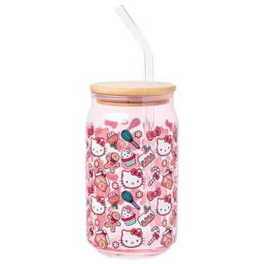 Imagem de Silver Buffalo Sanrio Hello Kitty Gingerbread Cookies Christmas Holiday Pink Glass Jar Tumbler com tampa de bambu e canudo de vidro, 473 g