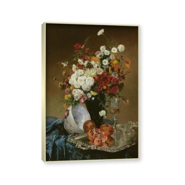 Imagem de NHLDZYH Moldura em champanhe. Flores clássicas ainda vida em tela retro buquê de flores pinturas estilo country decoração de parede para cozinha e sala de estar. C36. 60 x 84 cm.