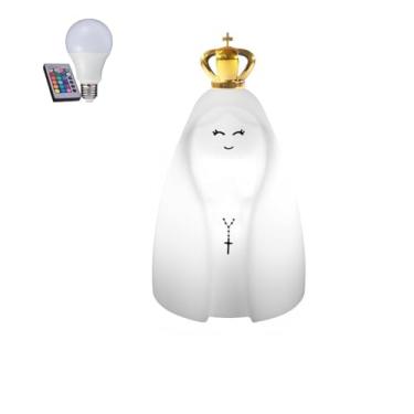 Imagem de Luminária Nossa Senhora Aparecida LED RGB, Abajur Decorativo com Controle Remoto, 34cm de Altura, Luz Colorida com Coroa Dourada