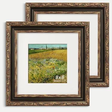 Imagem de GiftMust Moldura antiga de 20 x 20 cm, moldura ornamentada em relevo com tapete de papel e vidro verdadeiro, adequada para 20 x 20 sem tapete ou 12 x 12 cm com tapete, mesa ou suporte de parede