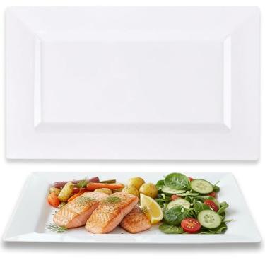 Imagem de Blue Sky Bandeja retangular branca - 35,5 cm x 21,6 cm (pacote com 4) | Travessas de plástico descartáveis para festas, eventos e uso doméstico