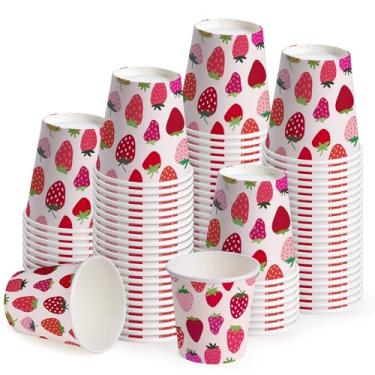 Imagem de WRAPAHOLIC Copos de papel de 85 g – Pacote com 100 copos de banheiro descartáveis com design de frutas de morango, copo pequeno para enxágue bucal para escova de dentes, banheiro doméstico, piquenique