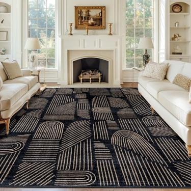 Imagem de MUJOO Tapete lavável de 20 x 25 cm, moderno de meados do século, antiderrapante, tapete grande preto e dourado para sala de estar, quarto, sala de jantar