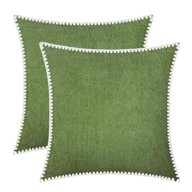 Imagem de BRAWARM Capas de almofada 55 x 55 cm - Capas de travesseiro de chenille verde floresta com borda de concha, pacote com 2 fronhas de chenille macias tingidas sólidas para decoração de casa de sofá-cama