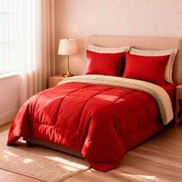 Imagem de Jogo de Cama Edredom Casal Queen 6 Peças Dupla Face Super Macio Premium para Casa(Vermelho e Palha)