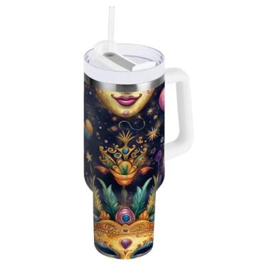 Imagem de Blueangle Copo isolado de máscara colorida de carnaval de 850 g com alça e tampa de palha, caneca de viagem reutilizável de aço inoxidável (222)