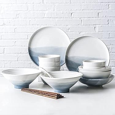 Imagem de Conjunto de louça de cozinha, pratos e tigelas resistentes a lascas | Conjuntos de jantar de cerâmica esmaltada de cor gradiente Euro para (melhores presentes) (azul 12 peças (serviço para 4)) (cinza