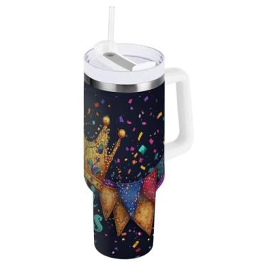 Imagem de Blueangle Copo isolado com coroa de carnaval de 1,134 g com alça e tampa de palha, caneca de viagem reutilizável de aço inoxidável (236)