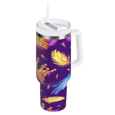 Imagem de Blueangle Copo isolado para Mardi Gras de 1,134 g com alça e tampa de palha, caneca de viagem reutilizável de aço inoxidável (314)