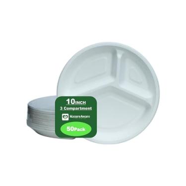 Imagem de NatureAware Pratos de papel branco redondos premium de 25,4 cm com 3 compartimentos [pacote com 50] - 100% compostáveis e ecológicos descartáveis, resistentes, sem PFAS, feitos de bagaço de cana