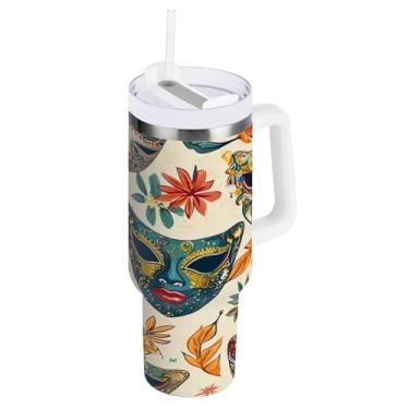 Imagem de Blueangle Copo isolado com padrão de máscaras de carnaval de 1,134 g com alça e tampa de palha, caneca de viagem reutilizável de aço inoxidável (50)