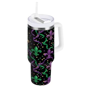 Imagem de Blueangle Copo isolado de fitas Mardi Gras de 1,134 g com alça e tampa de palha, caneca de viagem reutilizável de aço inoxidável (800)