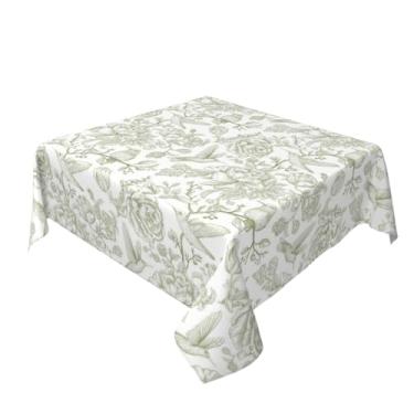 Imagem de Toalha de mesa floral azul verde pássaro 137 x 137 cm quadrado azul e verde chinoiserie toalha de mesa floral decoração sazonal poliéster capa de mesa quadrada para festa piquenique cozinha decoração