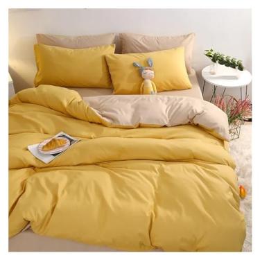 Imagem de Jogo de cama, conjunto de capa de edredom simples e confortável, conjunto de cama de casal de solteiro, capa de edredom colorida e fronha (amarelo King)