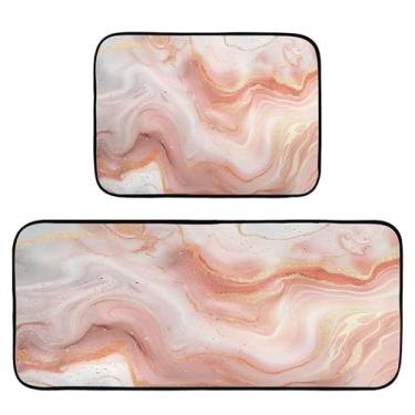 Imagem de xigua Conjunto de 2 peças de tapetes e tapetes de cozinha em mármore rosa dourado absorvente macio para o chão, tapete de cozinha, antiderrapante, conjunto de capachos, 50 x 120 cm + 50 x 70 cm